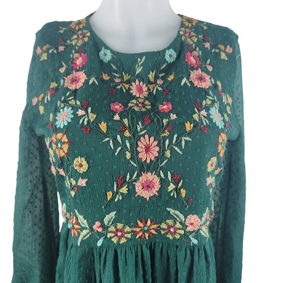 Zara Trafaluc Collection Hunter Green Floral Embroidered Bohemian Dress M - Picture 2 of 7